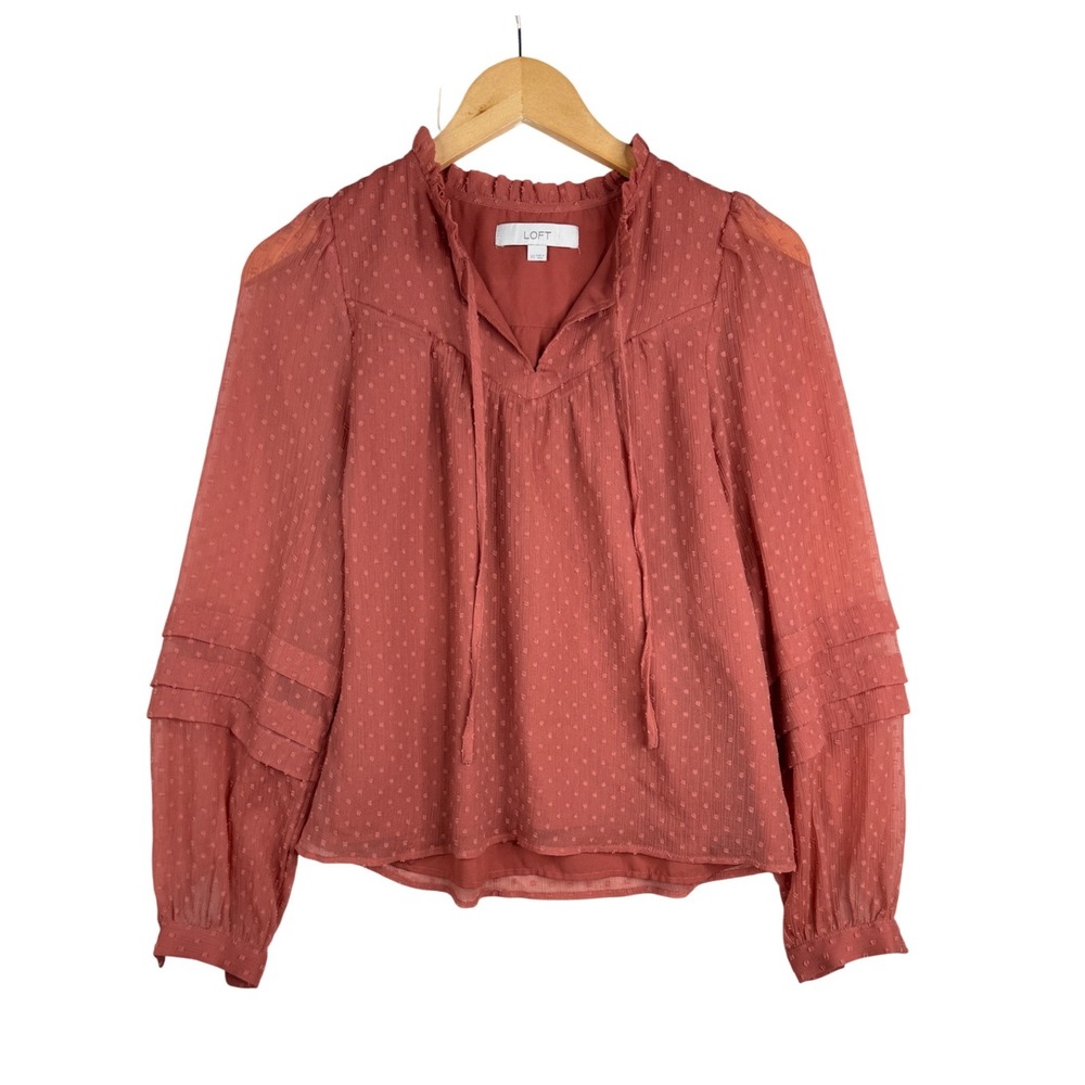 Loft Long Sleeve Textured Polka Dot Blouse size XS Orange